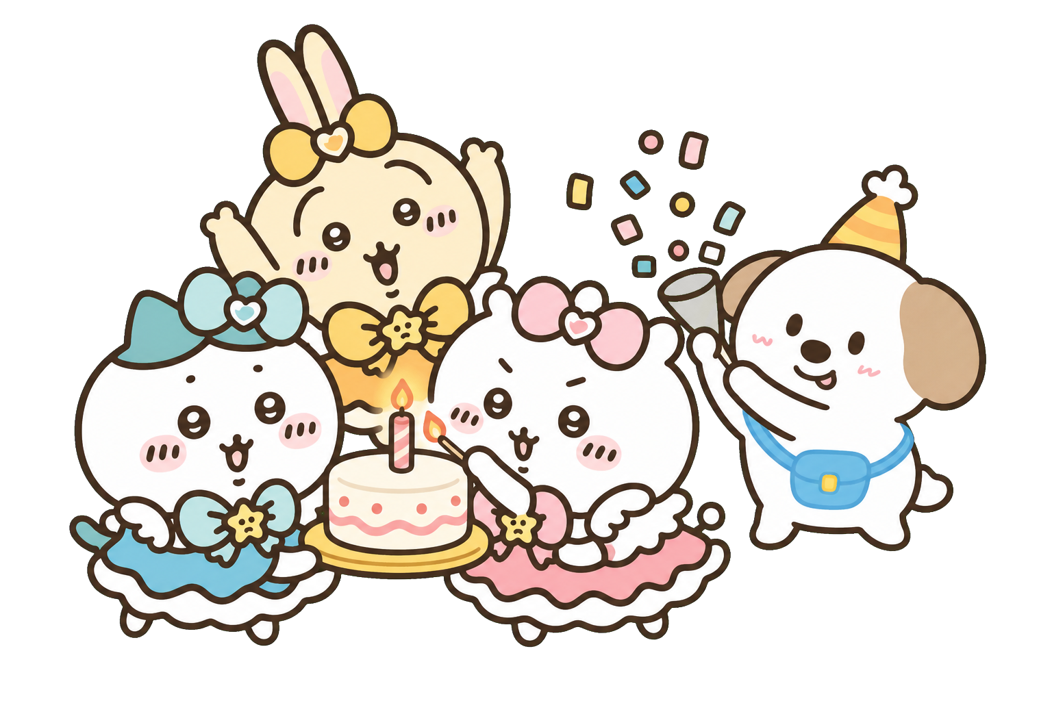 四个卡通朋友一起举蛋糕、点蜡烛庆祝生日